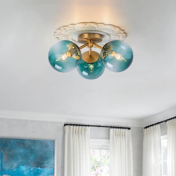 Lueck 3-Light 18 in. Modern Gold Semi Flush Mount with Blue Glass Shades