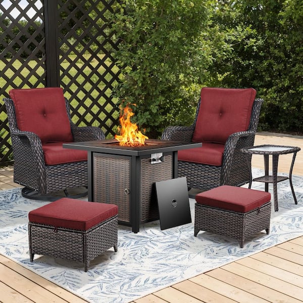 Brown Rattan Wicker 6-Piece Outdoor Patio Conversation Set with Red Cushions, Square Fire Pit Table