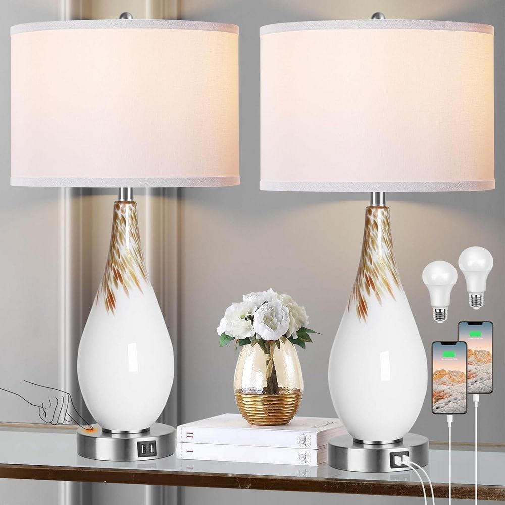 27.5 in. White Touch Control Table Lamps Set of 2, Tall Modern Art Glass Be