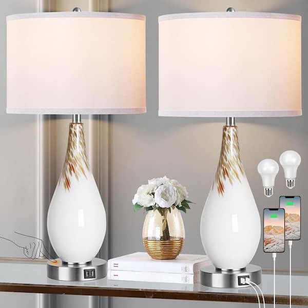 ARISKEEN 27.5 in. White Touch Control Table Lamps Set of 2, Tall Modern Art Glass Bedside Lamp with USB Ports, 3-Way Dimmable