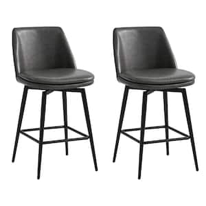 Cecily 27 in. Gray High Back Metal Swivel Counter Stool with Faux Leather Seat (Set of 2)