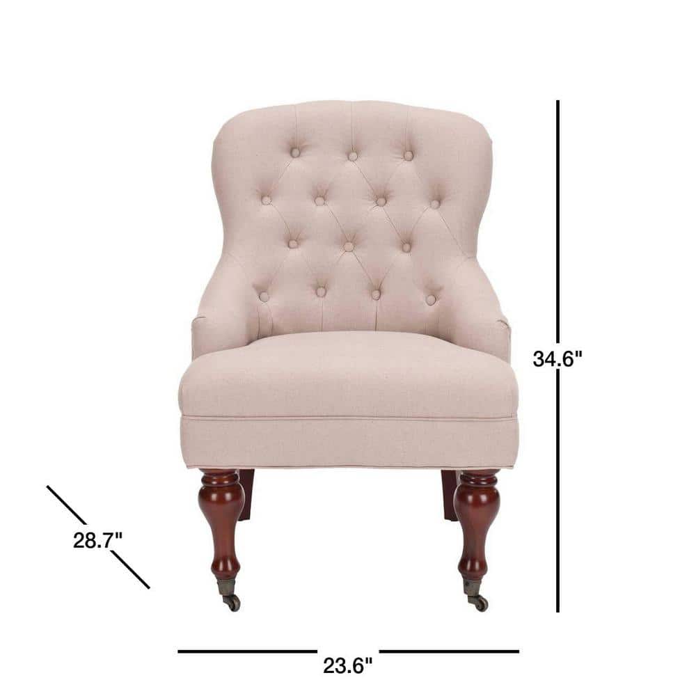 Modern Taupe Linen Arm Chair with Cherry Mahogany Legs