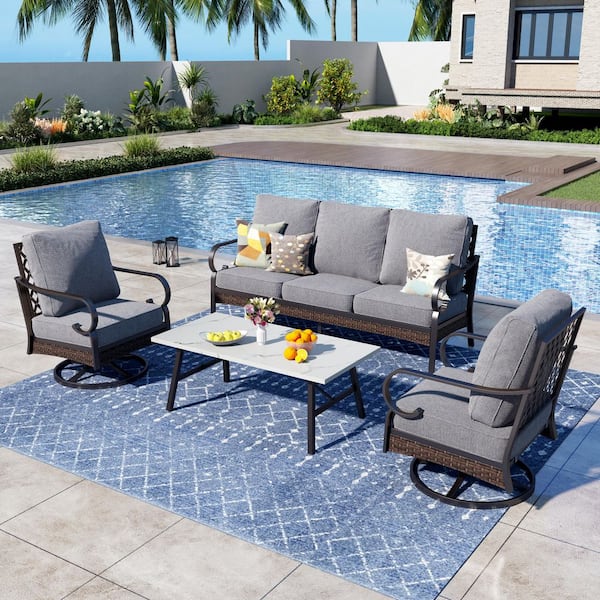 PHI VILLA 4-Piece Black Metal Outdoor Patio Conversation Set with Swivel Chairs, Marbling Coffee Table and Gray Cushions