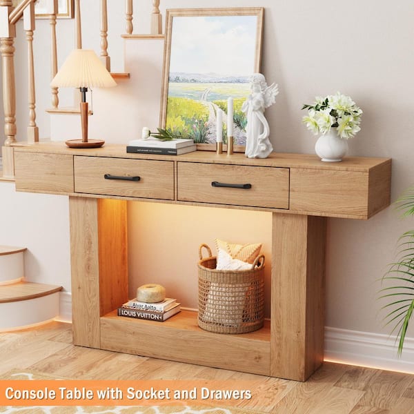 63 in. Burl Rectangle MDF Farmhouse Console Table with Outlets, USB Ports and LED Lights, Sofa Table with Drawers