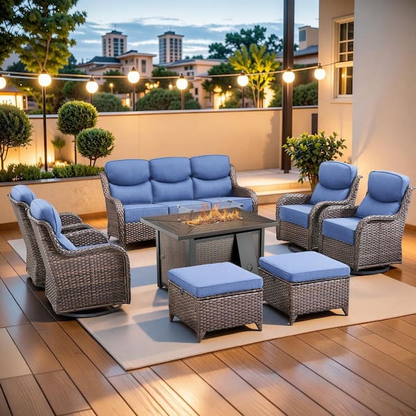 MoonLuxe Brown Wicker Fire Pit Conversation Set with Blue Olefin 6 in. Thick Cushions Patio Swivel Chairs (8-Piece)