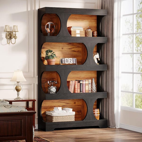 BYBLIGHT Eulas 71.3 in. Tall Black and Brown Wood 4-Shelf Standard Bookcase/ Unique Shape, Modern Freestanding Display Shelves