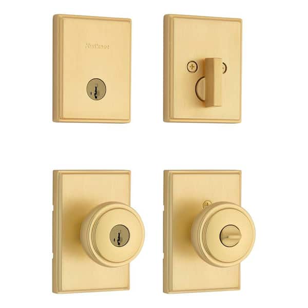 Sora Satin Brass Keyed Entry 2.19 in. Round Door Knob and Deadbolt Combo Pack Featuring SmartKey Security