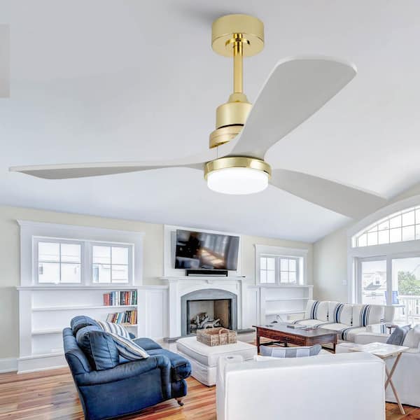 Modern 52 in. Indoor Gold 3 Solid Wood Blades Downrod Standard Ceiling Fan with Reversible DC Motor and Remote Included