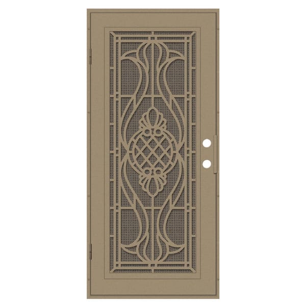 Unique Home Designs Manchester 30 in. x 80 in. Right Hand/Outswing Desert Sand Aluminum Security Door with Bronze Perforated Metal Screen