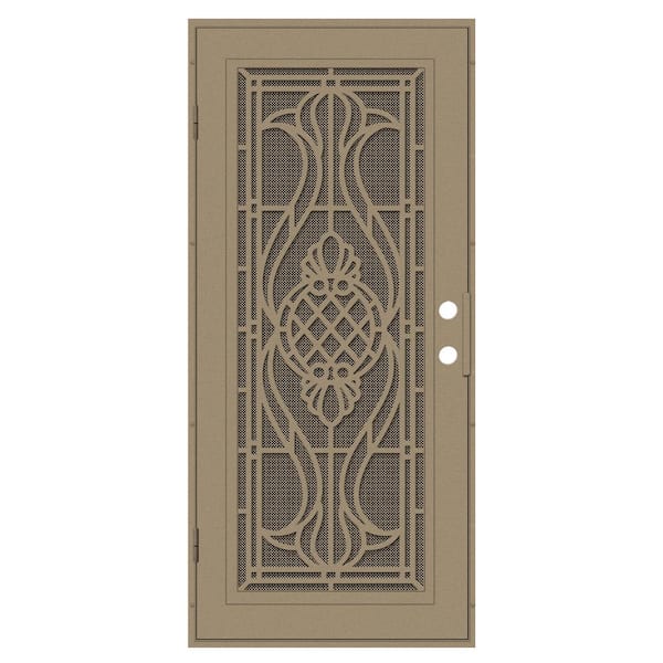 Unique Home Designs Manchester 32 in. x 80 in. Right Hand/Outswing Desert Sand Aluminum Security Door with Bronze Perforated Metal Screen