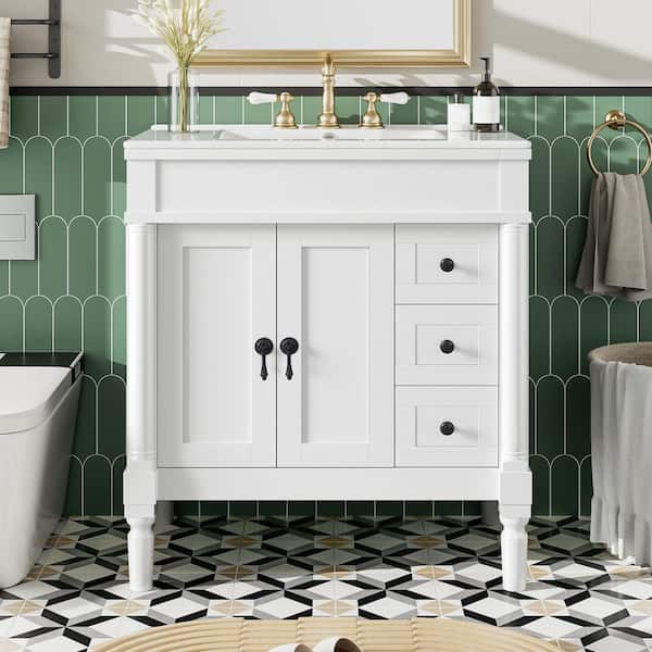 30 in. Single Sink Freestanding White Bath Vanity with White Ceramic Top, U-Shaped Shelf, 3 Drawers, Soft Close Design