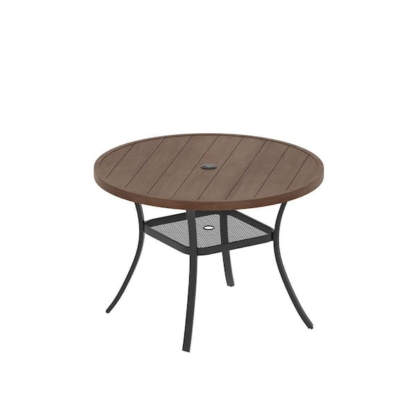 41.7 in. Round Metal Outdoor Dining Table, Patio Table with Umbrella Hole and Storage Shelf, Walnut