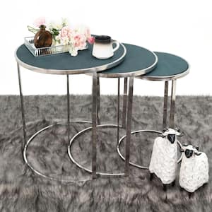 Black on Blue Metallic Shagreen Leather Nesting Console Tables (Set of 3)