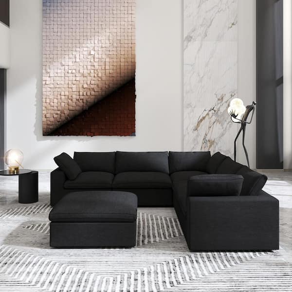 120 in. Square Arm L Shaped Linen 7-Seat Deep Seat 6-Piece Sectional Sofa Black for Living Room and Spacious Space