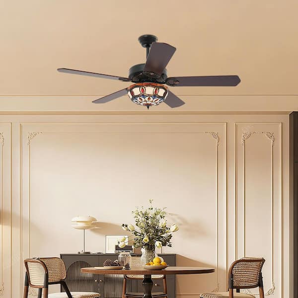 52 in. Black and Brown Downrod Mount Tiffany Style 3-Speed Fandelier Ceiling Fan with 3-Color Integrated LED and Remote
