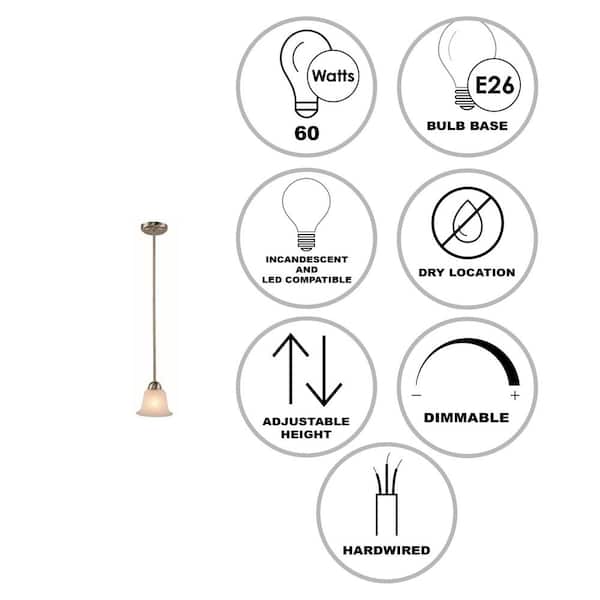 Aspen 1-Light Brushed Nickel Mini Pendant Light Fixture with Bell Shaped Marbleized Glass Shade