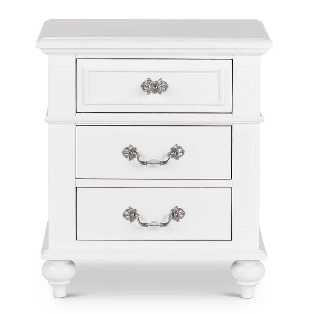Charming French Country 3-Drawer White Nightstand with Crystal Knobs