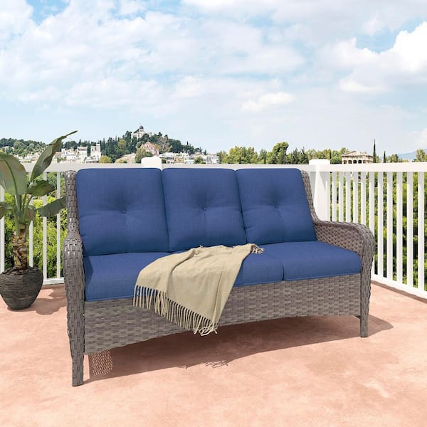 3-Seat Wicker Outdoor Patio Sofa Sectional Couch with Blue Cushions