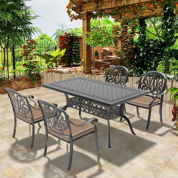 Elizabeth 5-Piece Cast Aluminum Outdoor Dining Set with 59.05 in. x 35.43 in. Rectangular Table and Brown Cushion
