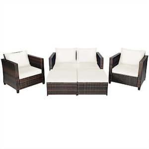 5-Piece Wicker Patio Conversation Set with White Cushions and 2 Ottomans
