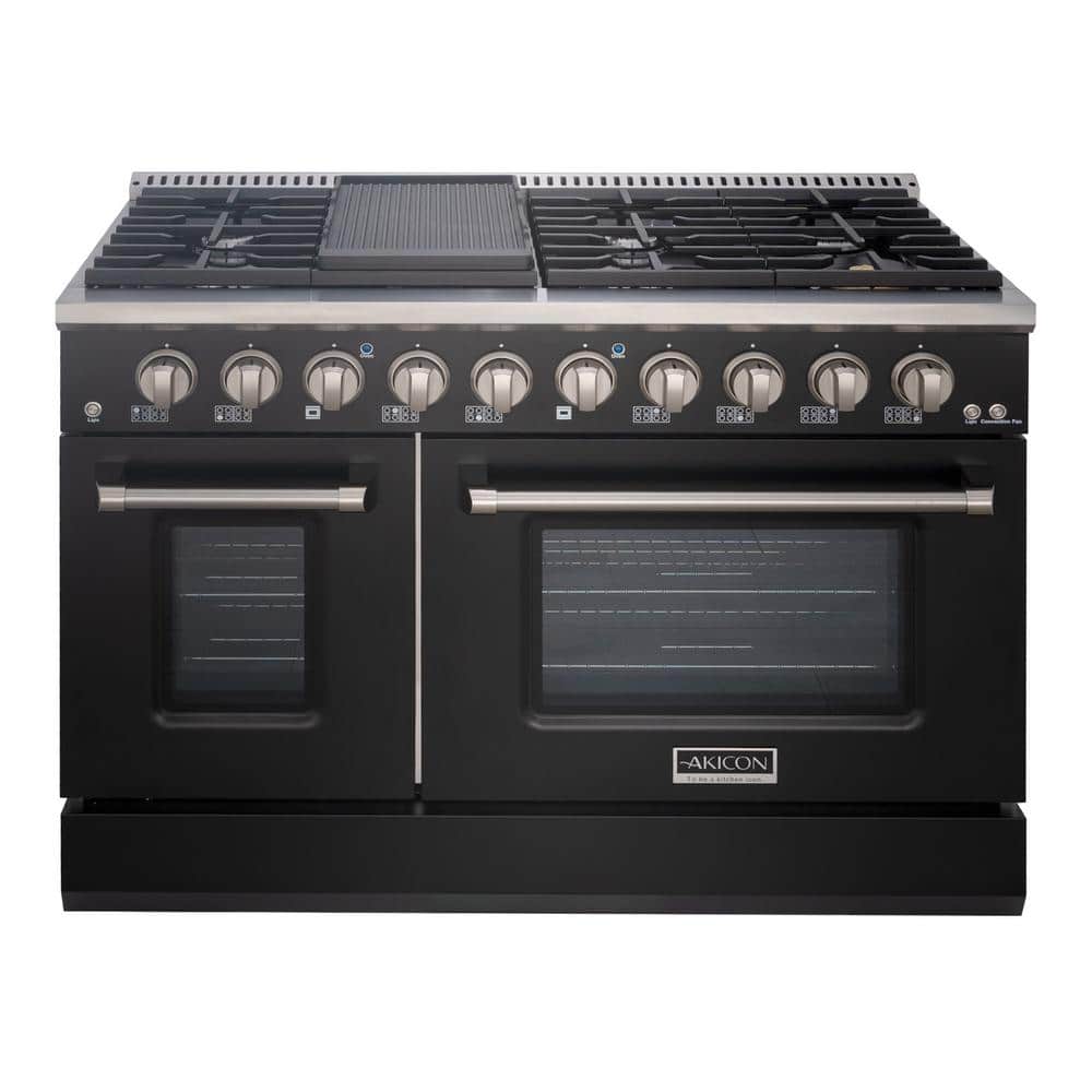 Akicon 48in. 8 Burners Freestanding Gas Range in Black/StainlessSteel with  Convection Fan Cast Iron Grates and Black Enamel Top AK-JK48A1-BS - The 