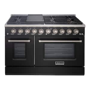 48in. 8 Burners Freestanding Gas Range in Black/StainlessSteel with Convection Fan Cast Iron Grates and Black Enamel Top