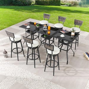 9-Piece Wicker Bar Height Outdoor Dining Set with Beige Cushions