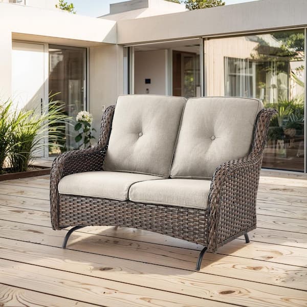 Pocassy 2-Person Wicker Outdoor Patio Glider Couch with Deep Seating and Cushions, Suitable for Porch Deck Balcony (Brown/Beige)