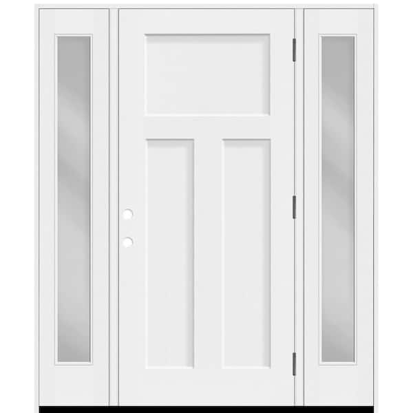 Steves & Sons Legacy 60 in. x 80 in. 3 Panel Craftsman LHOS Unfinished White Fiberglass Prehung Front Door w/Clear 10" SLs6-9/16Jamb