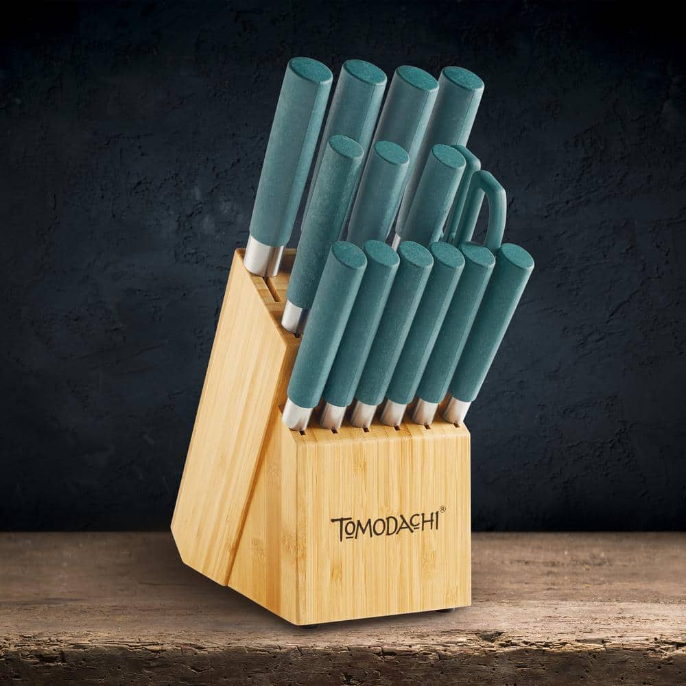 Haruto 15-Piece Turquoise Stainless Steel Knife Set with Block