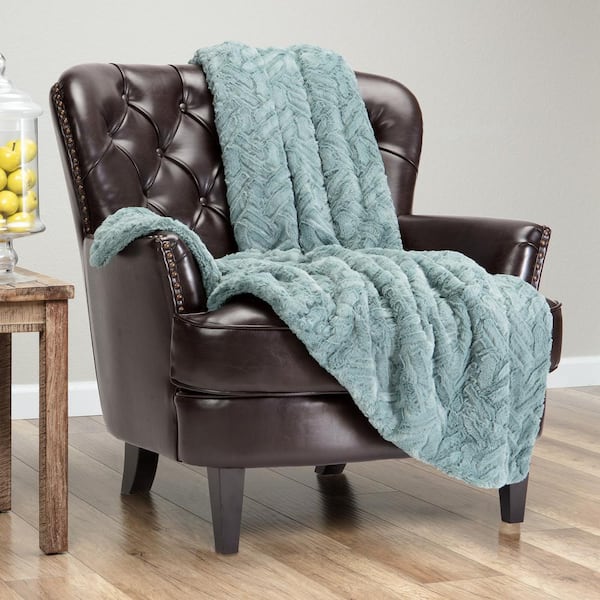 Faux Fur Tan Turquoise Soft Cloud Embossed Textured Throw Blanket, 50 x 65 in.