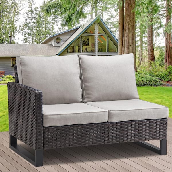 Opohoro U-Weave Brown Wicker Right Arm 2-Seat Outdoor Sectional Sofa Patio Loveseat with Beige Cushion