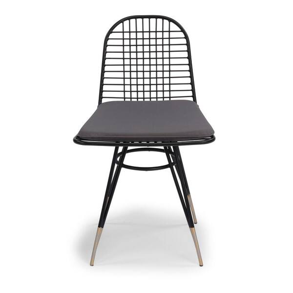 HOMESTYLES Du Jour Black Metal Outdoor Dining Chair with Gray Cushions (2-Pack)