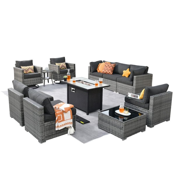 Sanibel Gray 11-Piece Wicker Patio Conversation Fire Pit Sectional Sofa Set with Swivel Chairs and Black Cushions