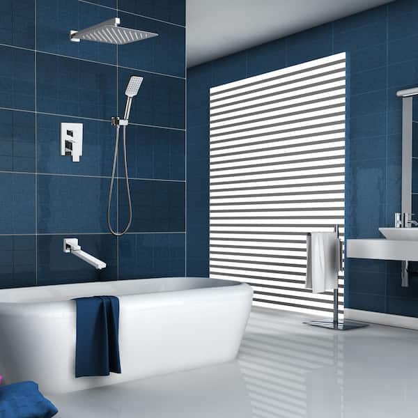 Square 3-Spray Patterns 10 in. Wall Mount Rain Dual Shower Heads with Handheld, Spout and Valve in Chrome