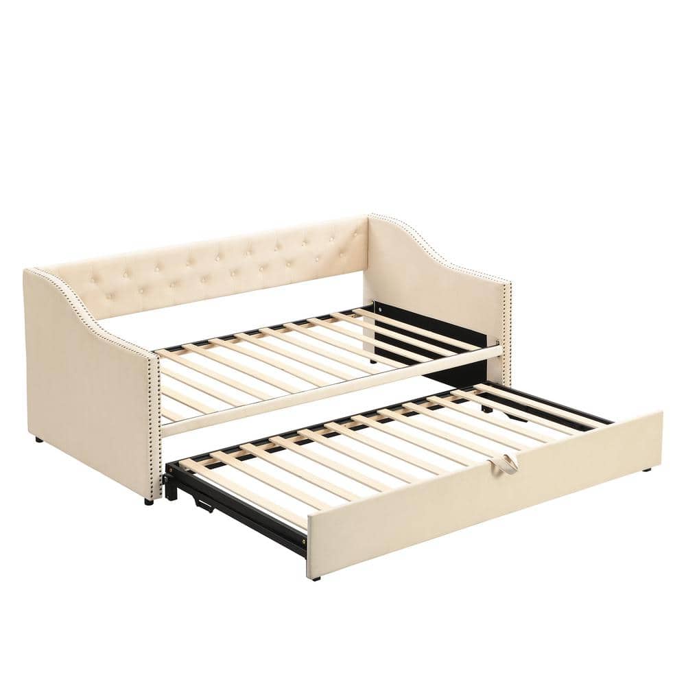 Beige Twin Size Soft Velvet Upholstered Tufted Daybed with Pop Up Trundle - thumbnail 7