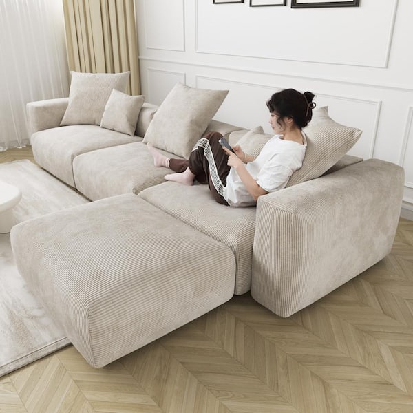 Magic Home 142 in. Square Arm Oversized 4-Piece L-shaped Corduroy Rearrangeable Couch Modular Sectional Sofa in Beige