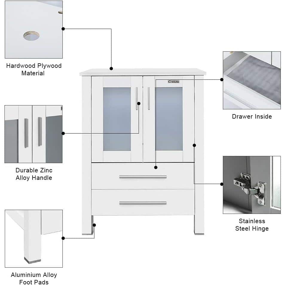 24" White MDF Bathroom Vanity with Ceramic Sink and Chrome Faucet