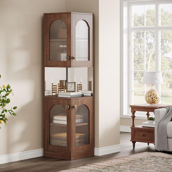 BYBLIGHT Eulas 78.7 in. Tall Brown Engineered Wood 5-Shelf Standard Bookcase Corner Bookshelf with Led Light