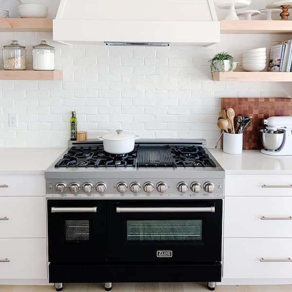 48 in. 7 Burner Double Oven Dual Fuel Range with Black Matte Door in Stainless Steel