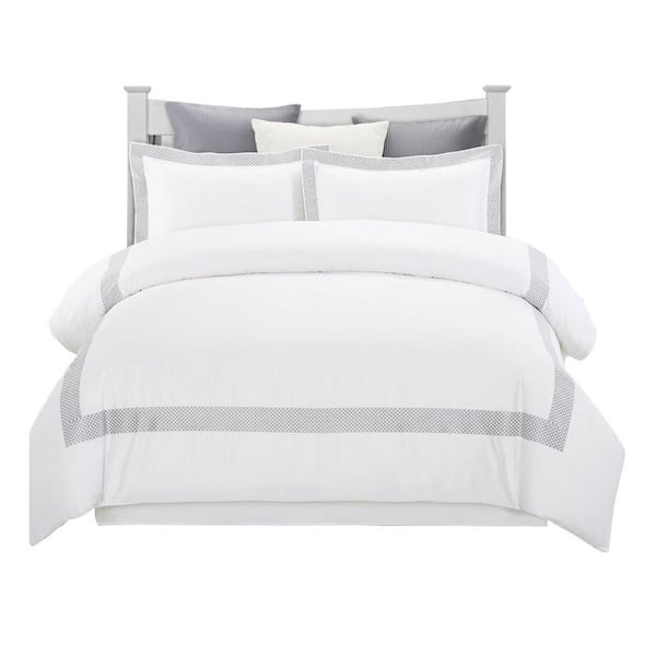HomeRoots Gray White Solid Color Queen Cotton Duvet Cover Set
