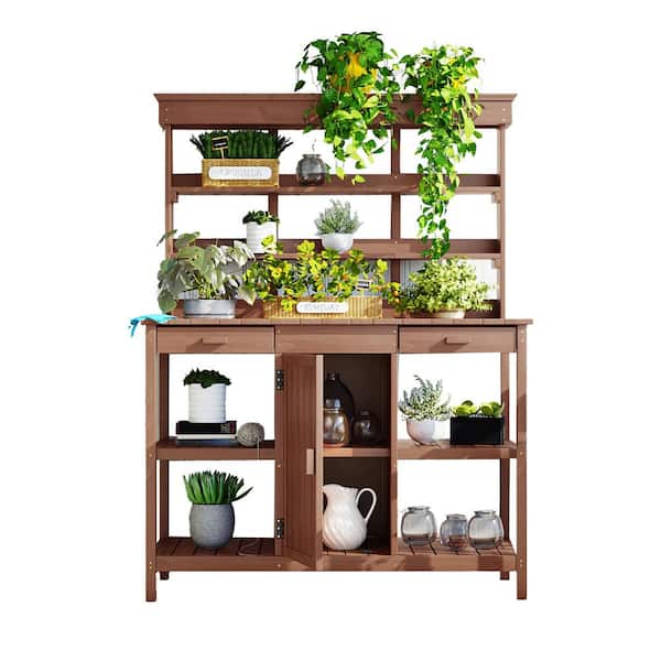 Unbranded 50 in. W x 66 in. H Outdoor Farmhouse Fir Wood Garden Potting Bench Table with Drawers and Cabinet Brown