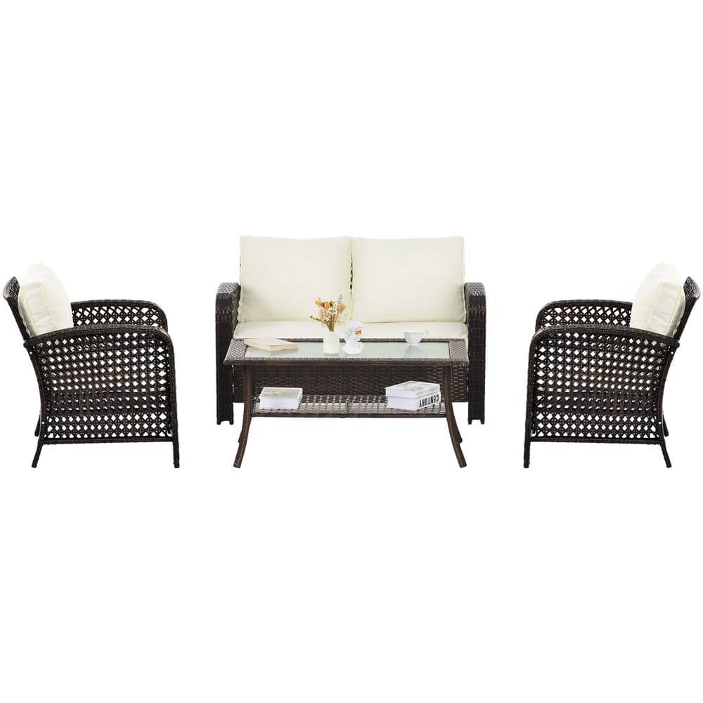4 Pieces Wicker Outdoor Sectional Set Chair with Coffee Table and Beige Cus