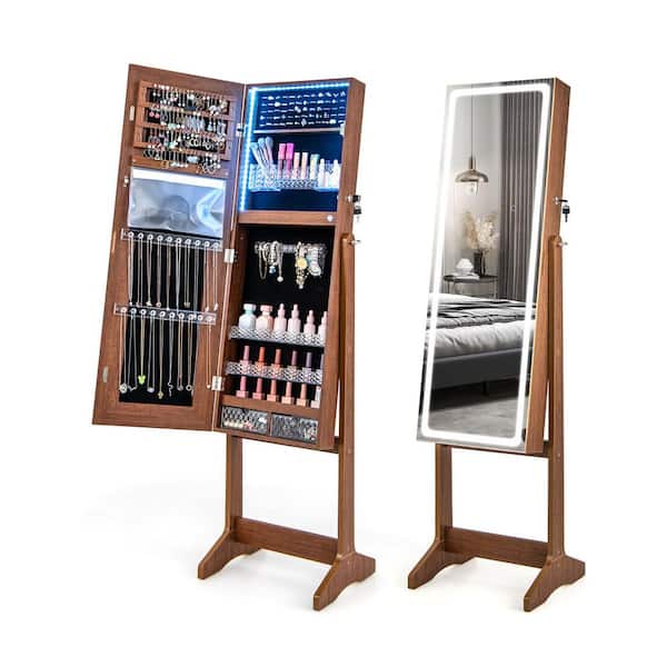 16 in. x 59.5 in. Walnut Freestanding Lockable MDF Jewelry Armoire Storgae Box Organizer with Mirror and Light