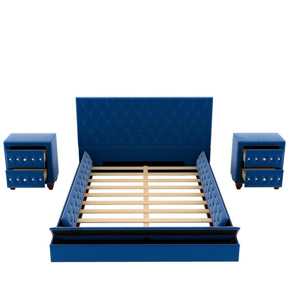 STICKON 80 in. W Blue Velvet Wood Frame Full Platform Bed with 2-Nightstands