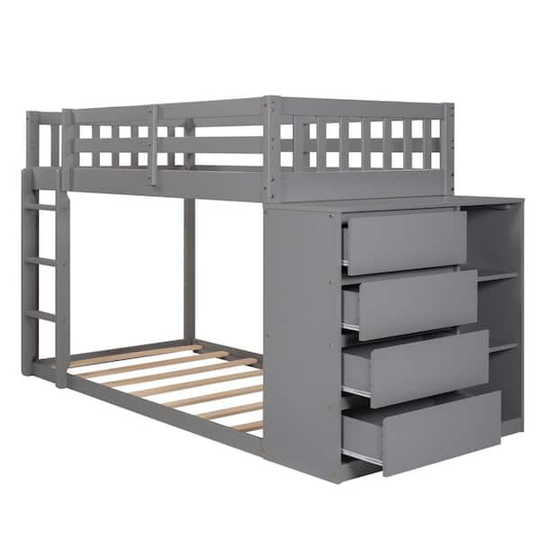JASMODER Gray Twin Bunk Bed with 4-Drawers and 3-Shelves