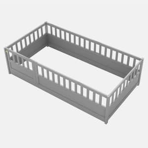 Gray Wood Frame Twin Size Platform Bed with Super High Security Barrier, Door