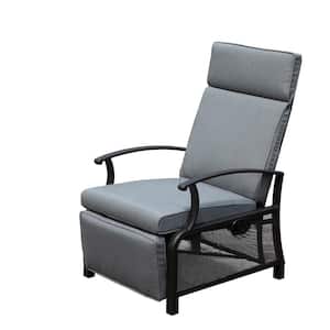 Black Metal Outdoor Recliner Chair Lounge Chair with Gray Removable Cushions and Flip Table Push Back
