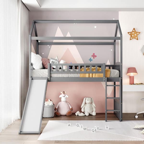 Harper & Bright Designs Gray Wood Frame Twin Size House Loft Bed with Slide, Roof Design