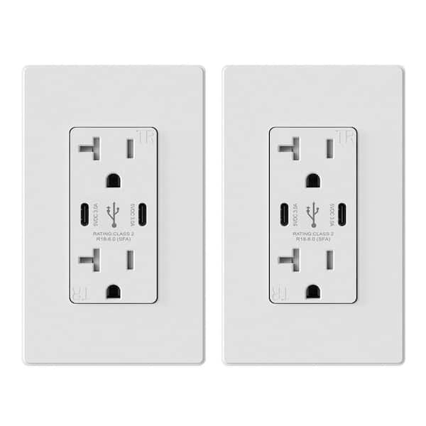 ELEGRP 20 Amp 30-Watt Dual Type C USB Wall Charger with Duplex Tamper  Resistant Outlet, Wall Plate Included, White (2-Pack) R182D60CC-WH2 - The  Home Depot